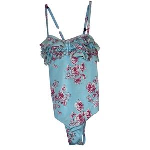 Janie and Jack Pink Floral‎ Blue Ruffle Swimsuit One Piece Girl's Size 6